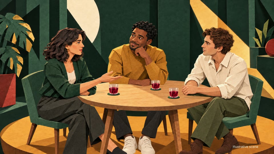 Illustrated scene: three young adults talking around a small round table, each with a glass of red drink on a coaster