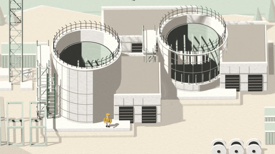 Illustrated scene: two unfinished reactor buildings with open tops at a construction site, a worker in a yellow hard hat standing between them